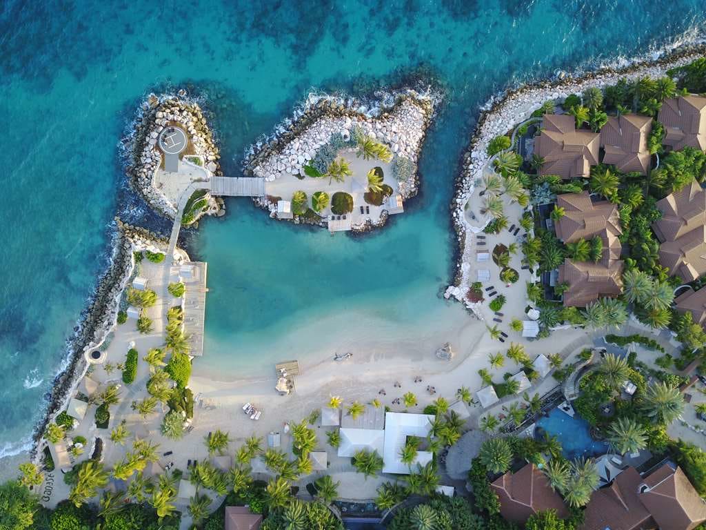 Aerial view of a Curaçao lagoon and coastline