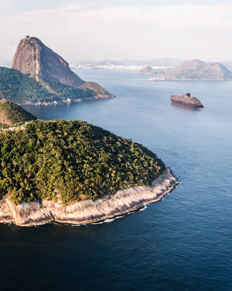Rio de Janeiro from the water, Sugarloaf and the bay in soft morning haze