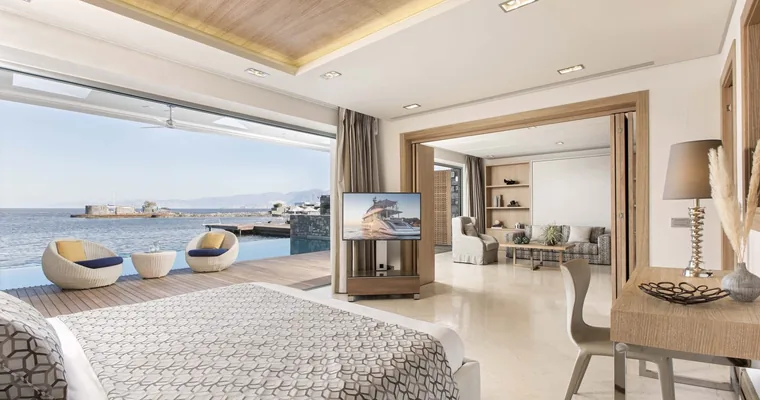 A suite at Elounda Beach Hotel and Villas looking out over the sea