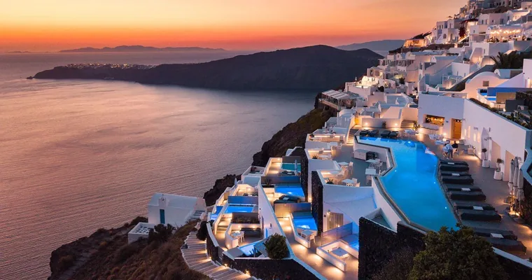 The caldera at sunset seen from Grace Hotel Santorini in Imerovigli