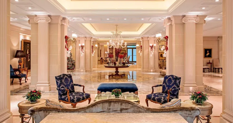 The marble and columned lobby lounge at the King George hotel in Athens