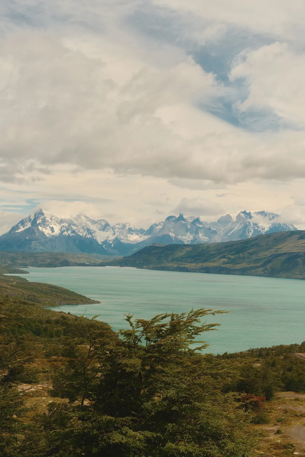 A wide turquoise lake below rolling green hills, with the snow-covered peaks of the Paine massif on the horizon under heavy cloud, Chilean Patagonia