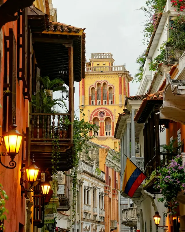 Colorful colonial street and church tower in Cartagena
